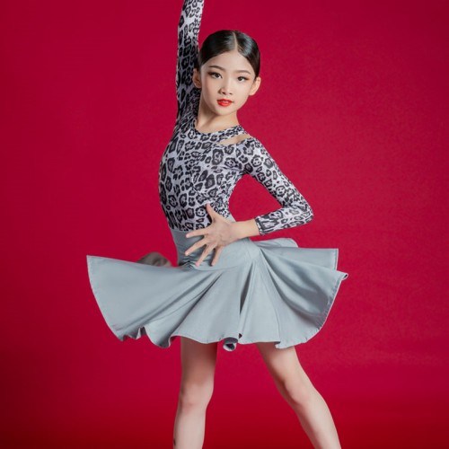 Girls kids silver leopard latin dance dresses stage performance professional latin dance costumes rumba chacha latin dance clothes for kid